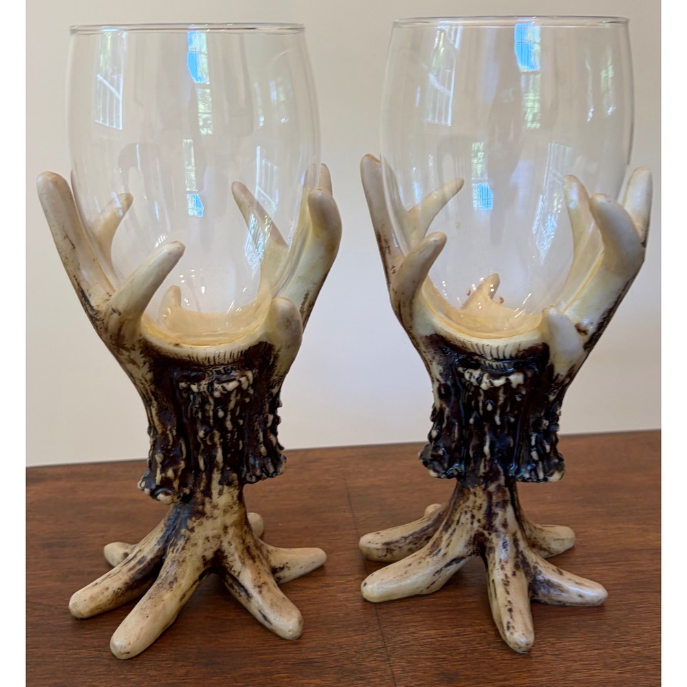 Set of 2 Faux Deer Antler Wine Goblets Rustic Cabin Lodge Decor Resin Base Glass